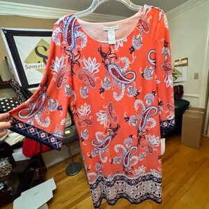 Sandra Darren Vibrant Orange and Navy Paisley Dress NWT